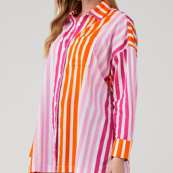 Beach Riot Tops - Beach Riot NEW Alexa Pink Striped Cotton Oversized Button Up Tunic Top size S/M